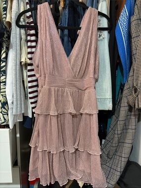 Almost Famous Rose Gold Shimmer Tiered V-Neck Mini Dress